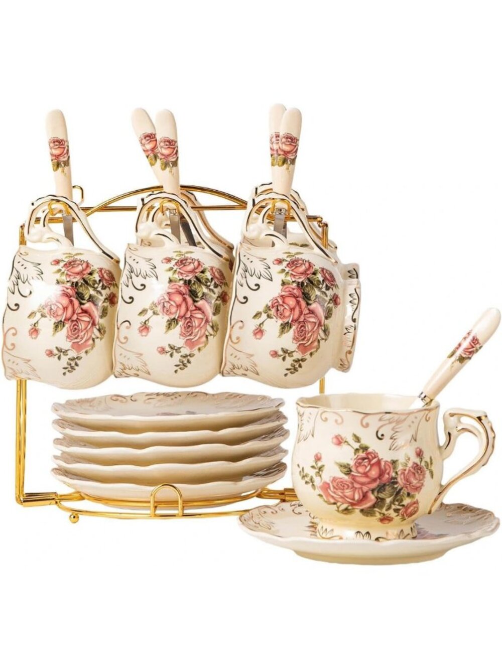 Elegant Pink Rose Tea Cups & Saucers Set of 6, 8 OZ Coffee Mugs for Tea Lovers